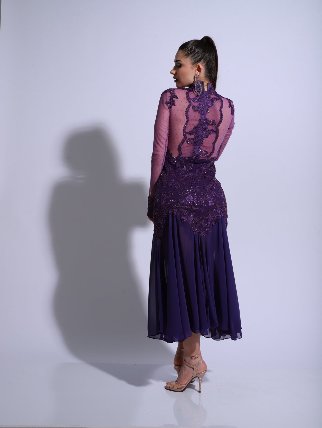 Violet tulle stage tango dress with shimmering beaded embroidery and high side slit.